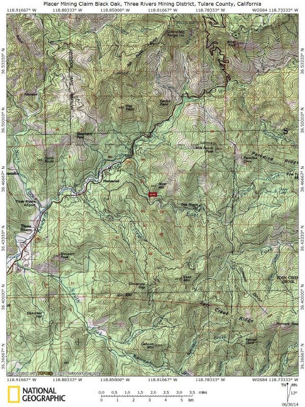 BLACK OAK Placer Mining Claim, Mineral King Mining District, Three Rivers, Tulare County, California