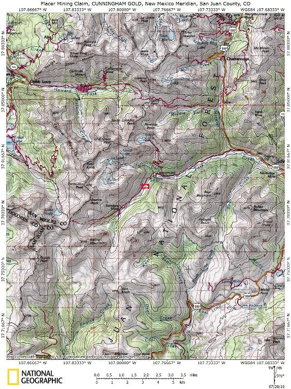 CUNNINGHAM GOLD Placer Mining Claim, S. Fork Mineral Creek, San Juan County, Colorado